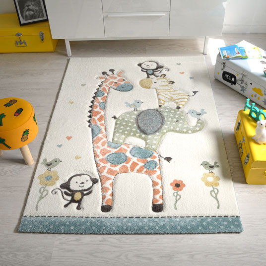 Destockage Tapis Merinos Enfant Animaux De La Jungle Elephant Et Girafe Beige Ref 1318 Bourges