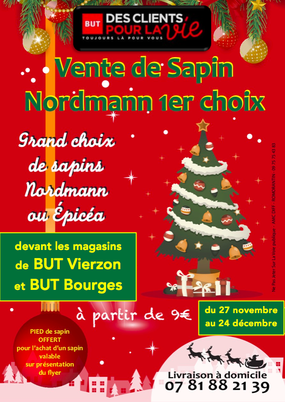 Grande vente de Sapins de Noël, Nordmann et Épicéa devant vos magasins